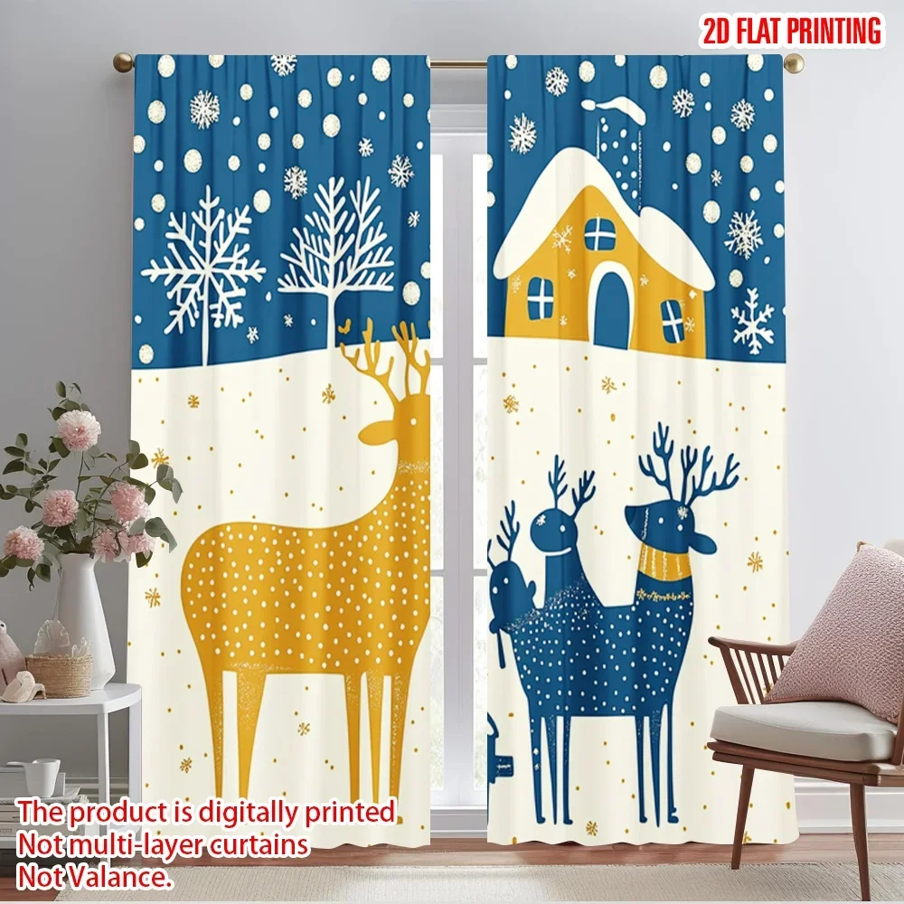 2pcs,2D plane printing Curtain Popular Deer Snow Winter Scene (3) Versatile Durable Polyester (without rod) Holiday for Living