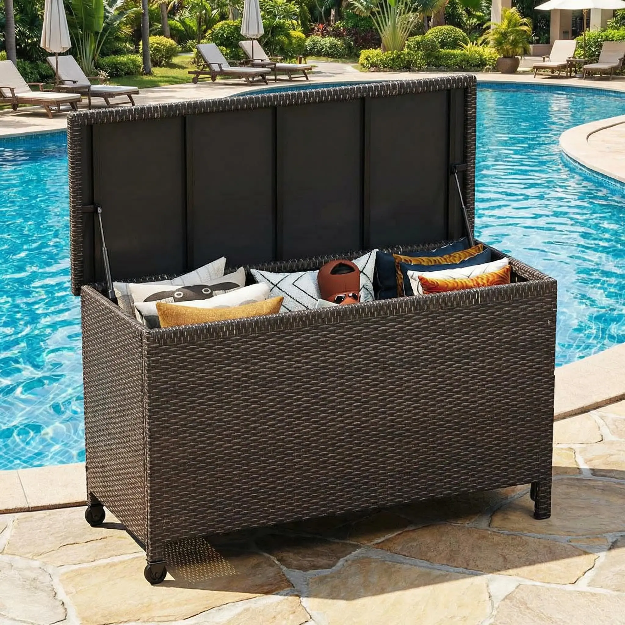 Wicker Deck Box, 185 Gallon All-Weather Outdoor Storage Box – Rattan Storage Bin for Patio Furniture, Outdoor Cushions, Pool Toys & Garden Tools
