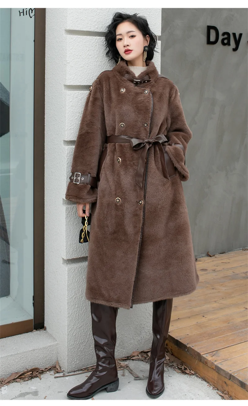 ZAROY Faux Fur Patchwork Leather Women Long Coat Winter Elegant Double-breasted Belt Thick Warm Overcoat Snow Jacket Outerwear