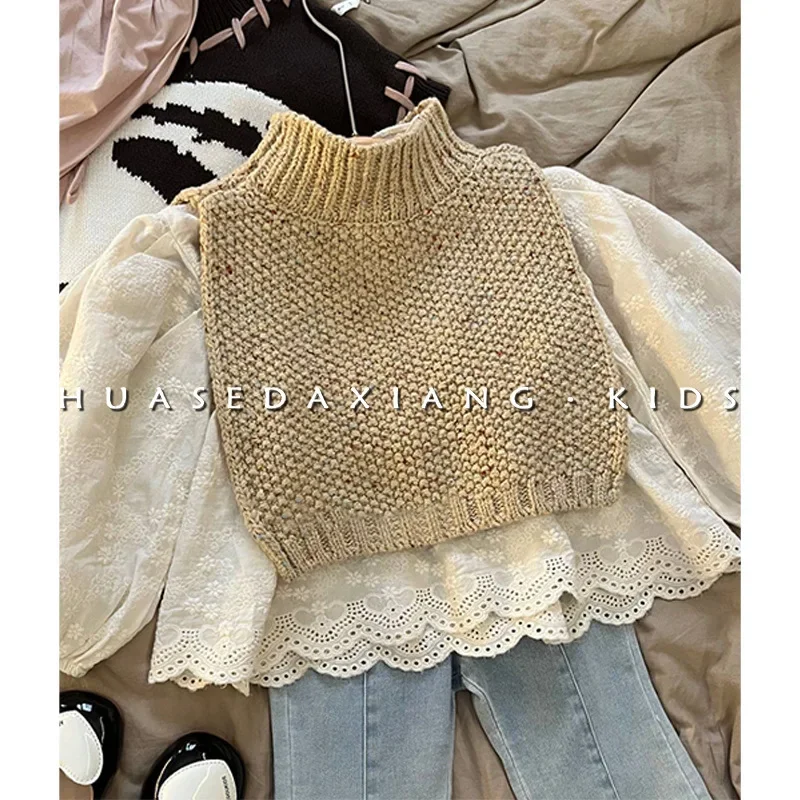 Children\'s Spring Autumn Fashionable Knitted Shawl Shirt 3 Pieces Set Korean Children\'s Clothing New Girls Vintage Suit