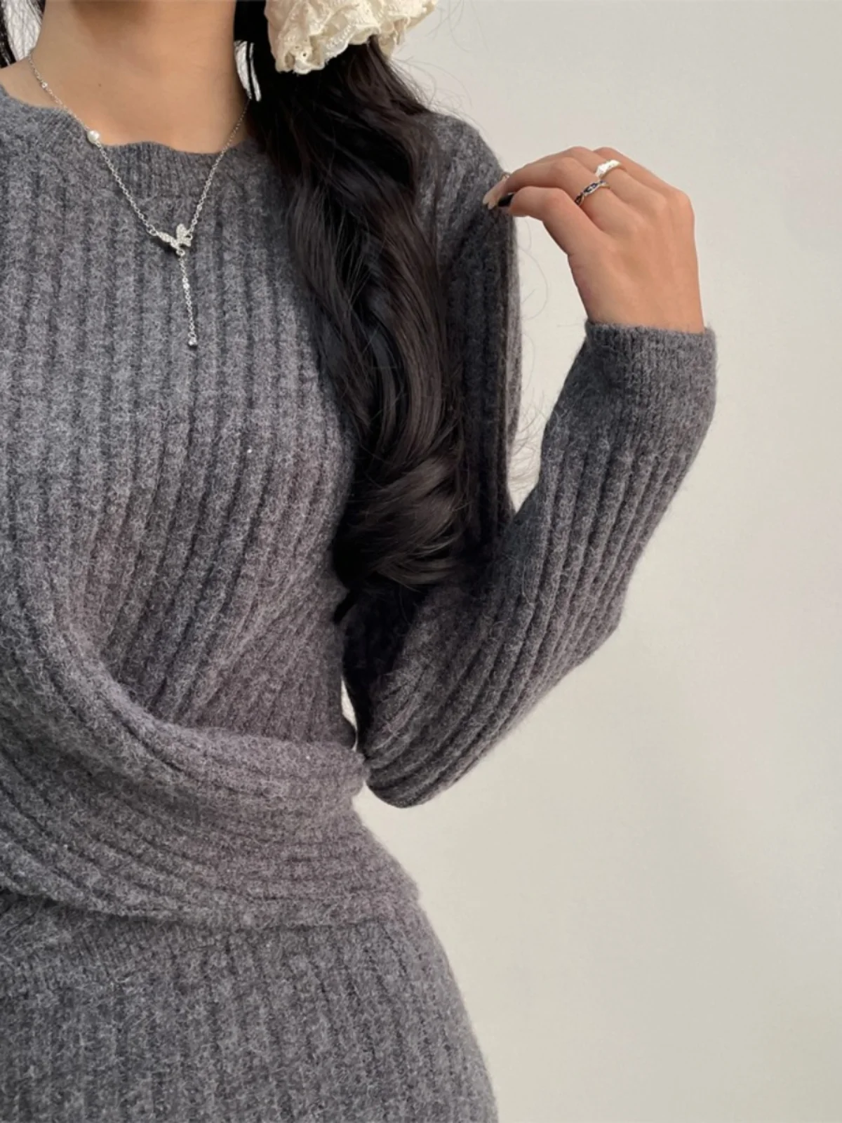 

Women's Cross Ne Long Sve ort Knitted Sweater Slim Fit Two Piece Set Autumn Winter Faion Korean Sle Casual Wear