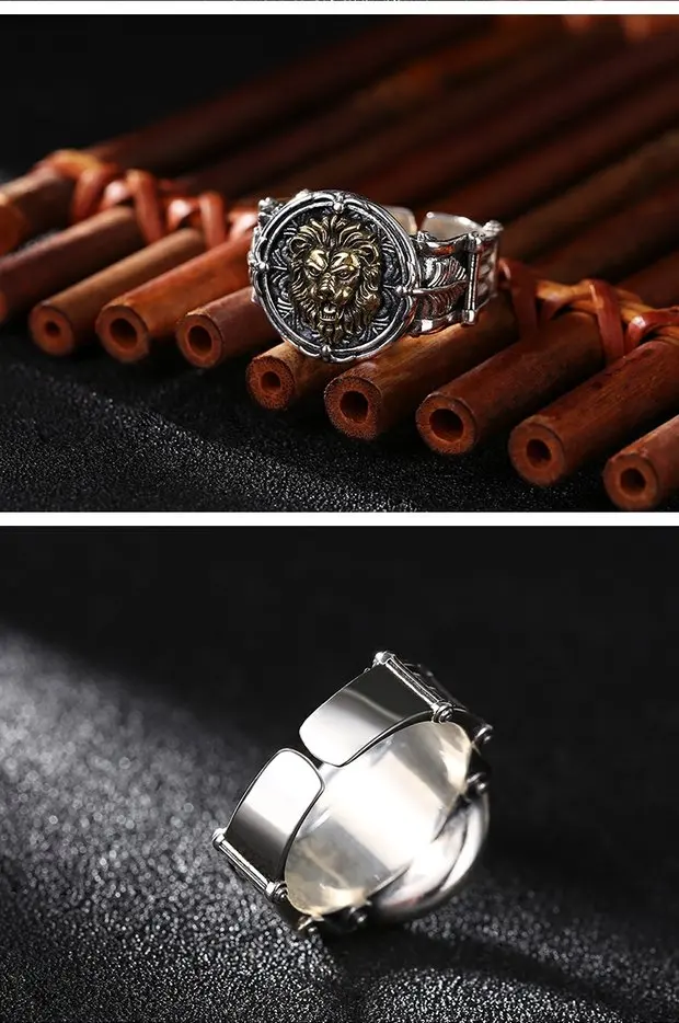 S925 sterling silver personalized domineering lion head open ring for men's Thai silver retro trendy exaggerated food ring