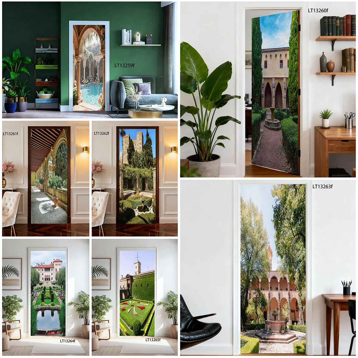 Mediterranean Villa Courtyard Garden Door Sticker Waterproof Self Adhesive Decal Tear Resistant Indoor Home Door Wrap Decor