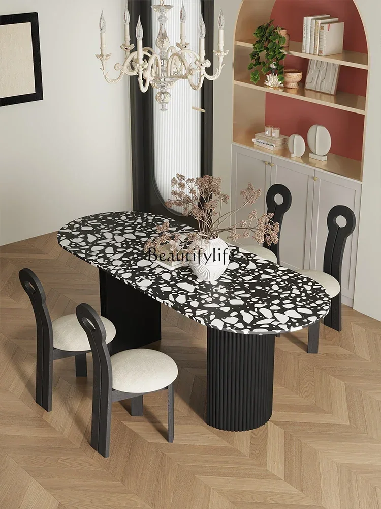 

FG40French Retro Marble Terrazzo Dining Table Household Solid Wood Light Luxury Dining Table