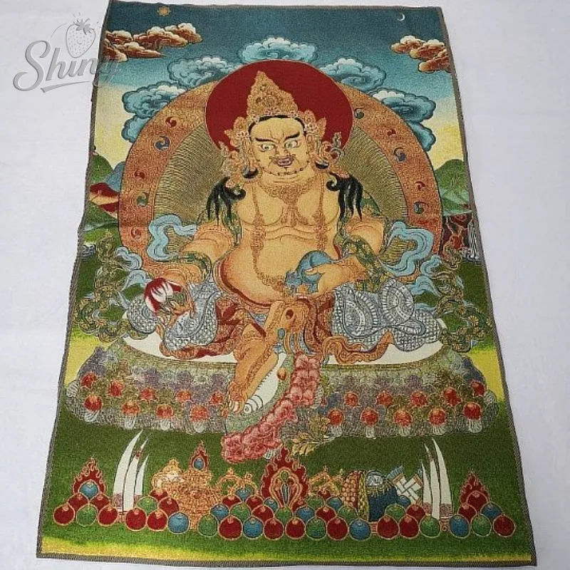 

35.4″ King of Treasures Brocade Tibetan Tangka Embroidery Painting Gold Thread Embroidery Decorative Hanging Pictures