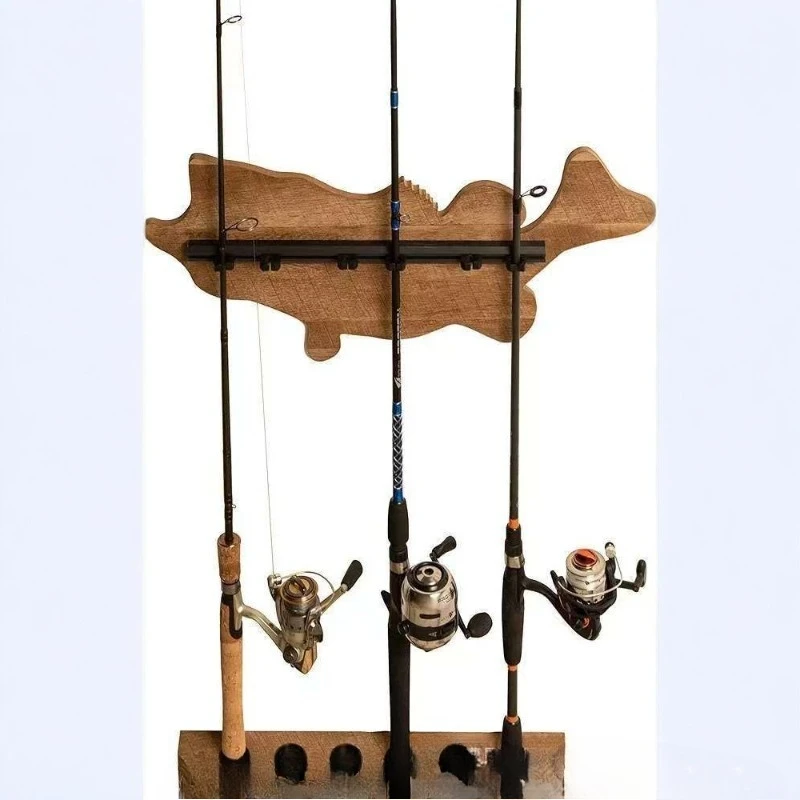 Solid wood fishing rod storage rack Wall decoration Wall-mounted fishing rod placement rack Wooden vertical fishing