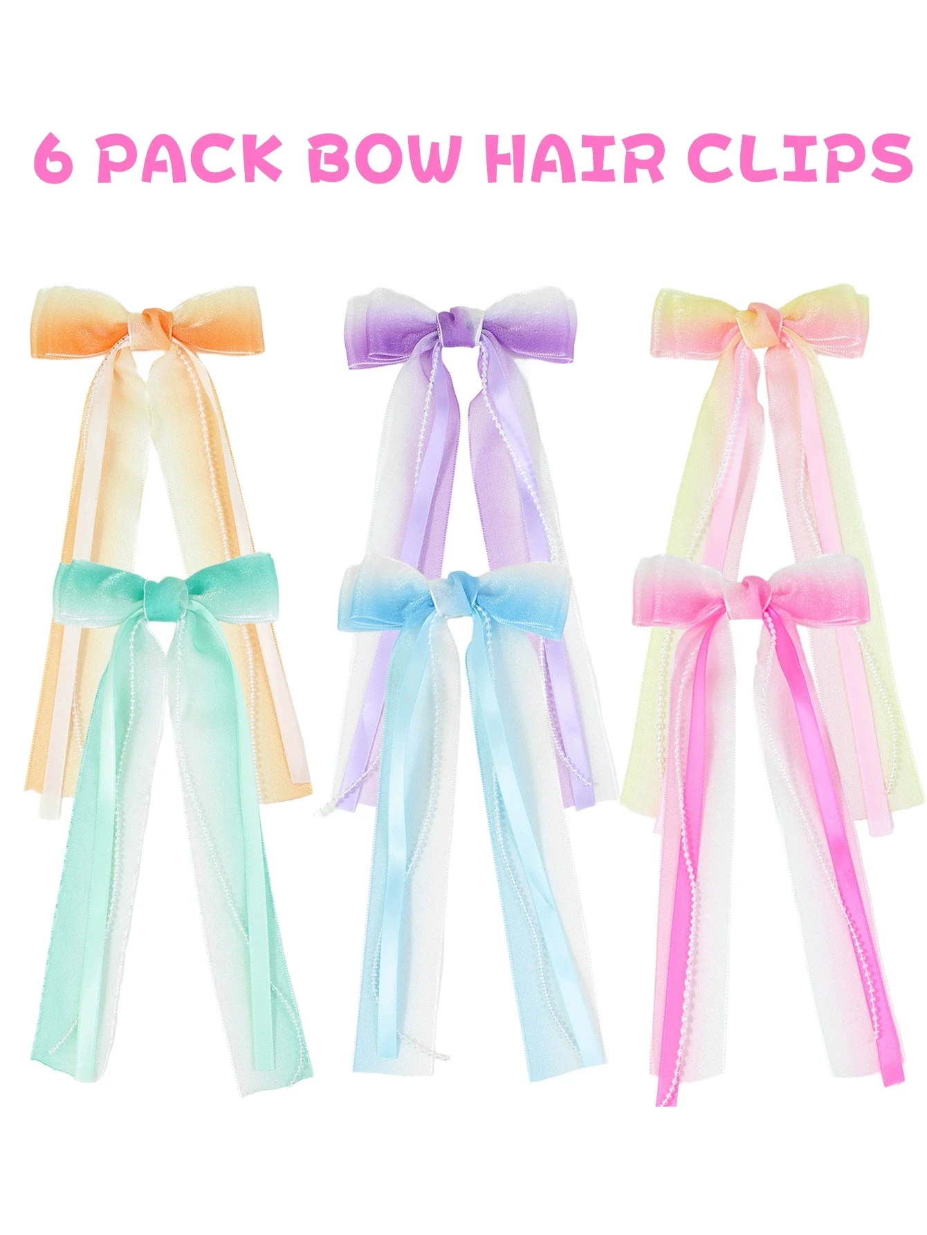 6pcs/set Girls Long Ribbon Streamer Hair Clip Children Chiffon Bow Hairpins Girls' Baby Back Hair Decoration Bow Alloy Barrettes