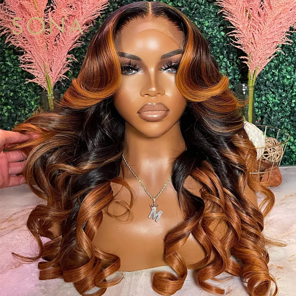 Ombre Ginger Brown Colored 13x6 HD Transparent Lace Frontal Wig Wave Pre-Plucked 13x4 Lace Front Human Hair Wigs For Women