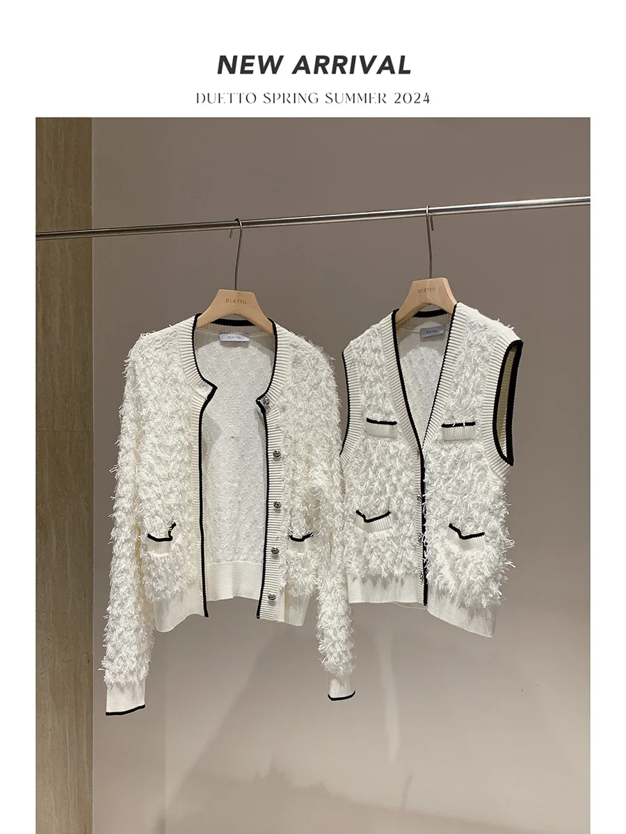 Conjunto de Cárdigan y Chaleco de Lana y Seda de Ocho Hilos Duetto, Estilo Vintage Francés, Elegante, de Manga Larga, Cuello Redondo y Botones