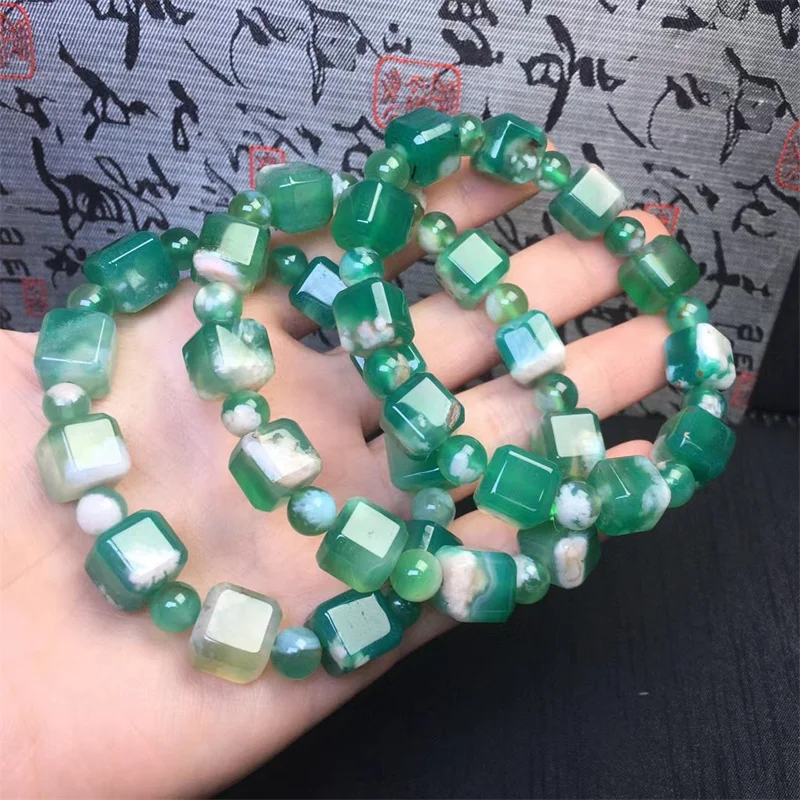 Natural Green Flower Agate Cube Bracelet Gemstone Crystal Healing Gemstone Fashion Bracelet Jewelry Gift 10MM