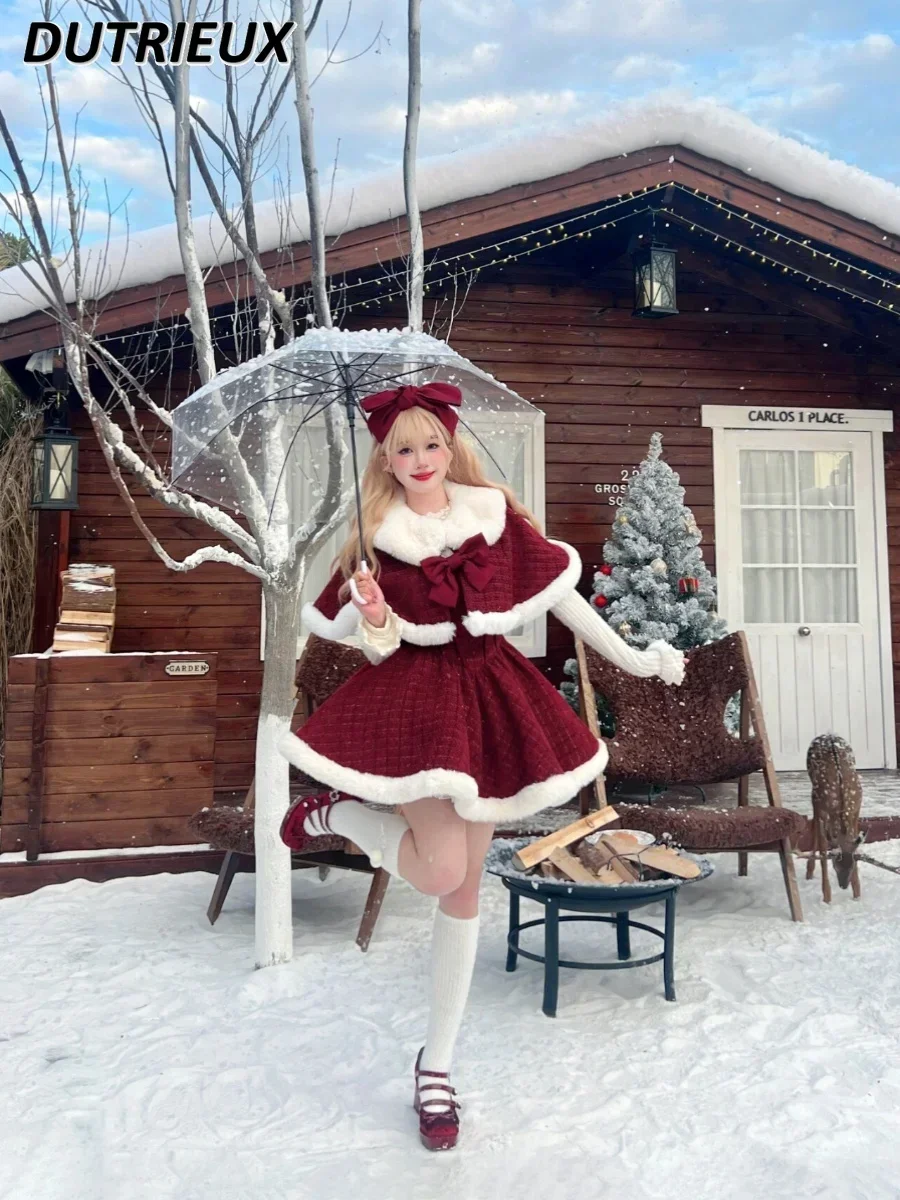 

Pure Desire Christmas New Year Sweet Suit Lolita Red Bow Cloak Jacket and Knitted Base Shirt Suspender Short Dress Outfits