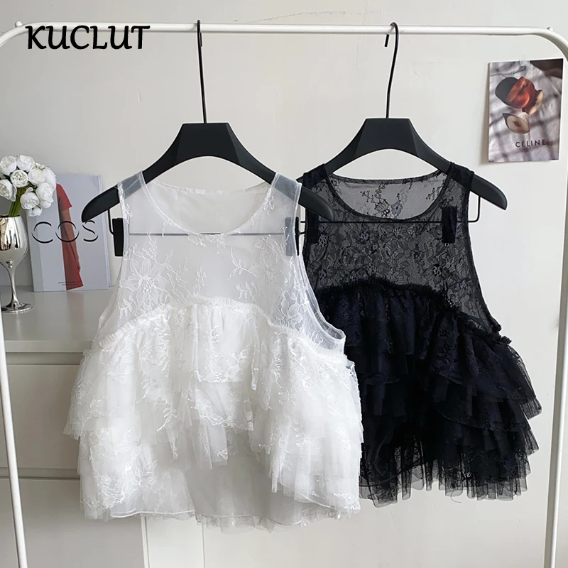 

KUCLUT Fashion Elegant Mesh Patchwork Sleeveless Vest For Women Loose Ruffle Design Sweet Tank Top Female Trendy New 1A270