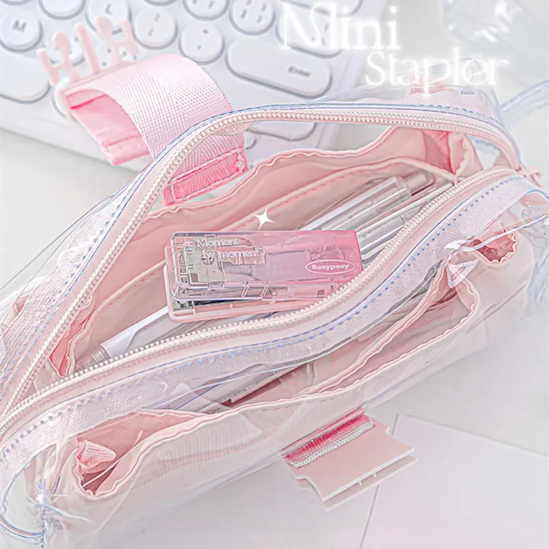 Mini Cute Stapler Fashion Transparent Gradient Color Stationery Stapler with Pendant Portable Bookbinding Tool Student Supplies