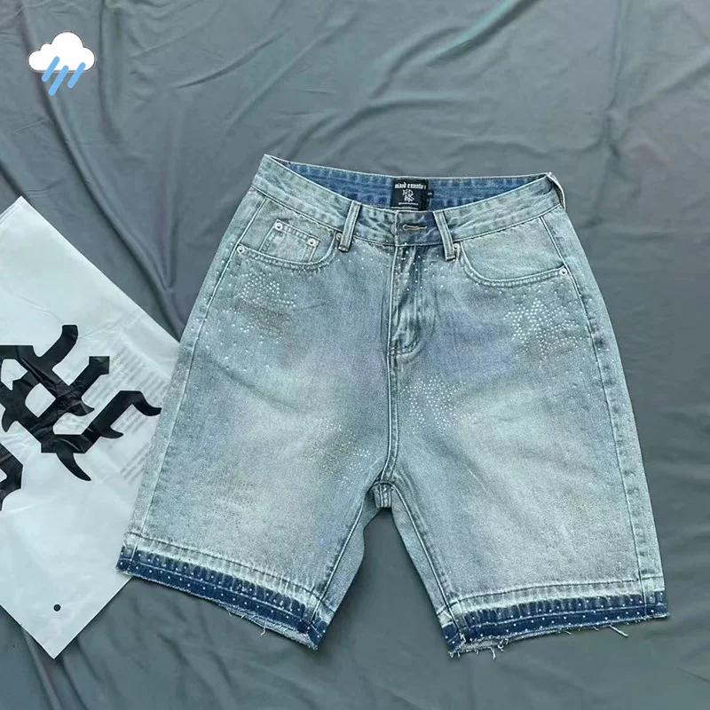 

Лучшее качество, джинсовые шорты с бриллиантовым логотипом, смешанная ЭМОЦИЯ, мужские и женские повседневные синие шорты со стразами, внутренняя бирка