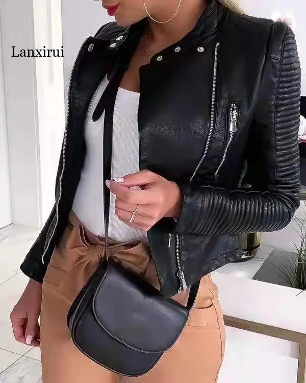 Women Spring Slim Fit Short Leather Coat 2022 Autumn Female Soft MOTO Biker PU Jacket Windproof Streetwear Outwear