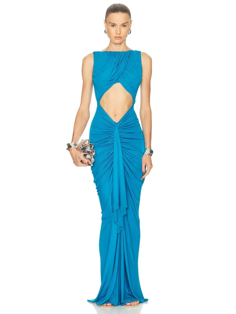 Sexy O Neck Hollow Out Folds Draped Long Dress Women Blue Sleeveless Cut-out Ruched Slim Dresses Evening Party Gowns