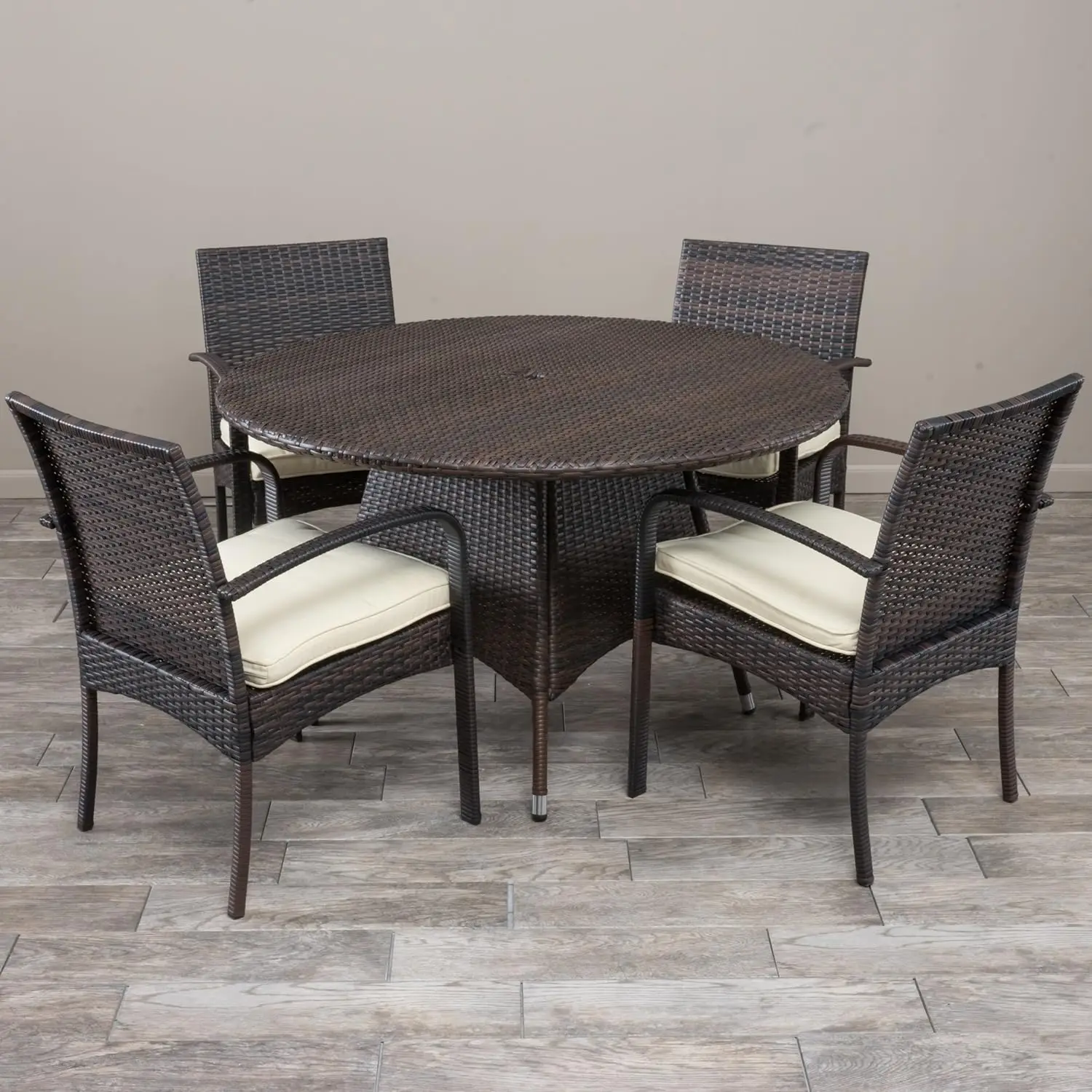 Theodore Outdoor Wicker 5 Piece Dining Set with Water Resistant Cushions, 22.1 "W x 23.5 "D x 32.75 "H