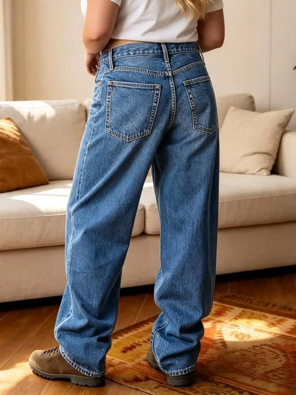 【HME】Jeans | American Retro Street Style Denim Pants, Women Mid-Low Rise Baggy Wide Leg Denim Jeans, Natural Whisker Vintage Wash, Contrast Stitching Pocket Detail, Loose Silhouette For Diverse Body Types, Versatile Durable Casual Pants