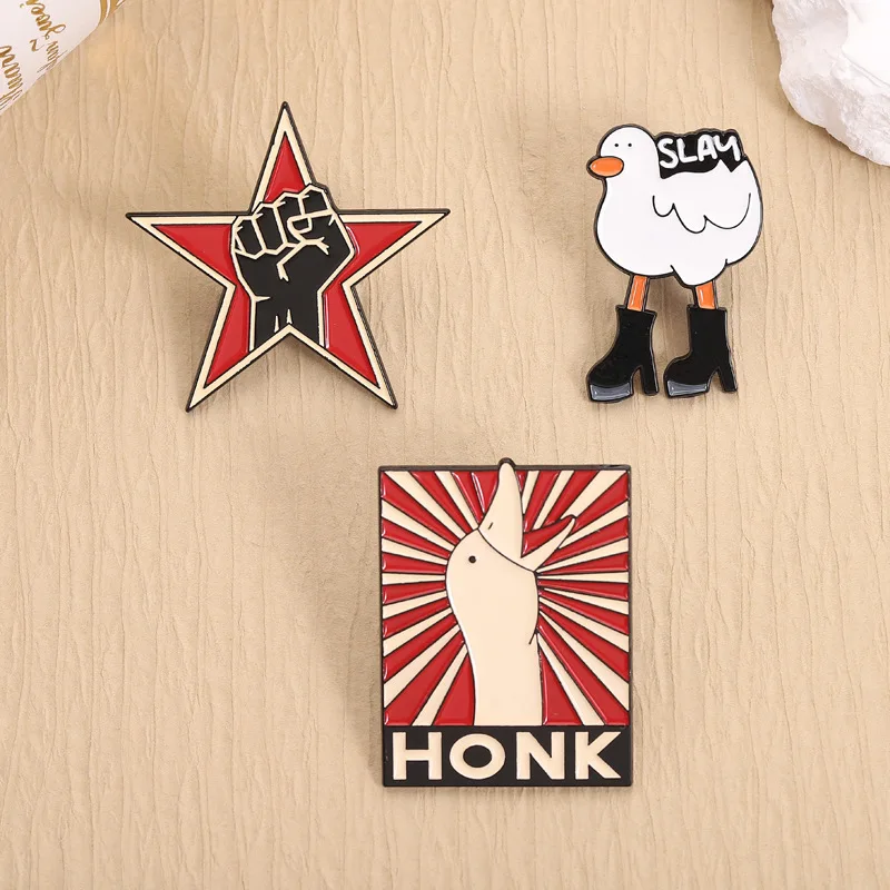 Vintage Propaganda Style Honk Goose Enamel Pins Red Star Fist Brooches Slay Duck Funny Aesthetic Lapel Badges Accessories