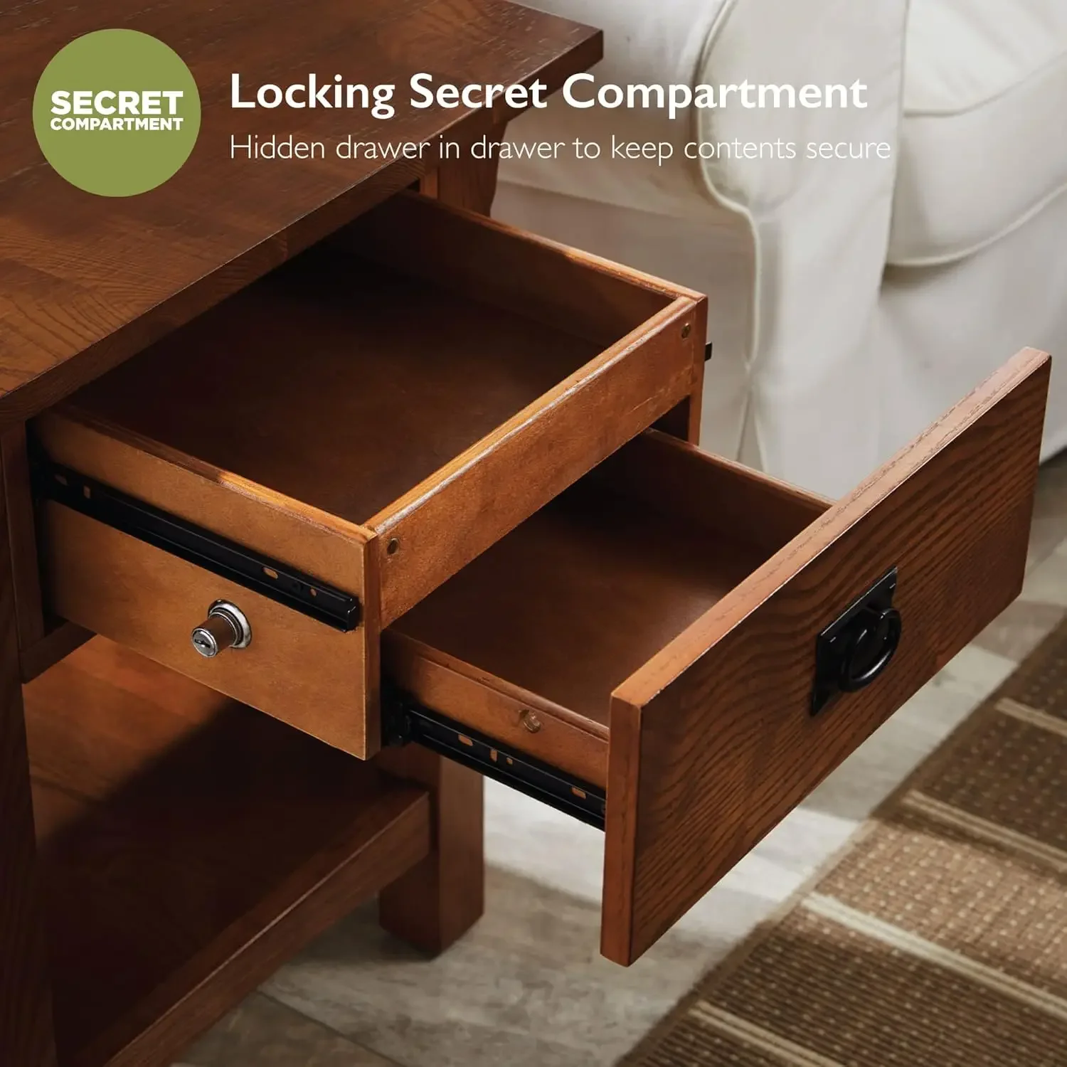 8222-SC Mission Impeccable Secret Compartment, Locking Drawer Nightstand Side Table, Medium Oak