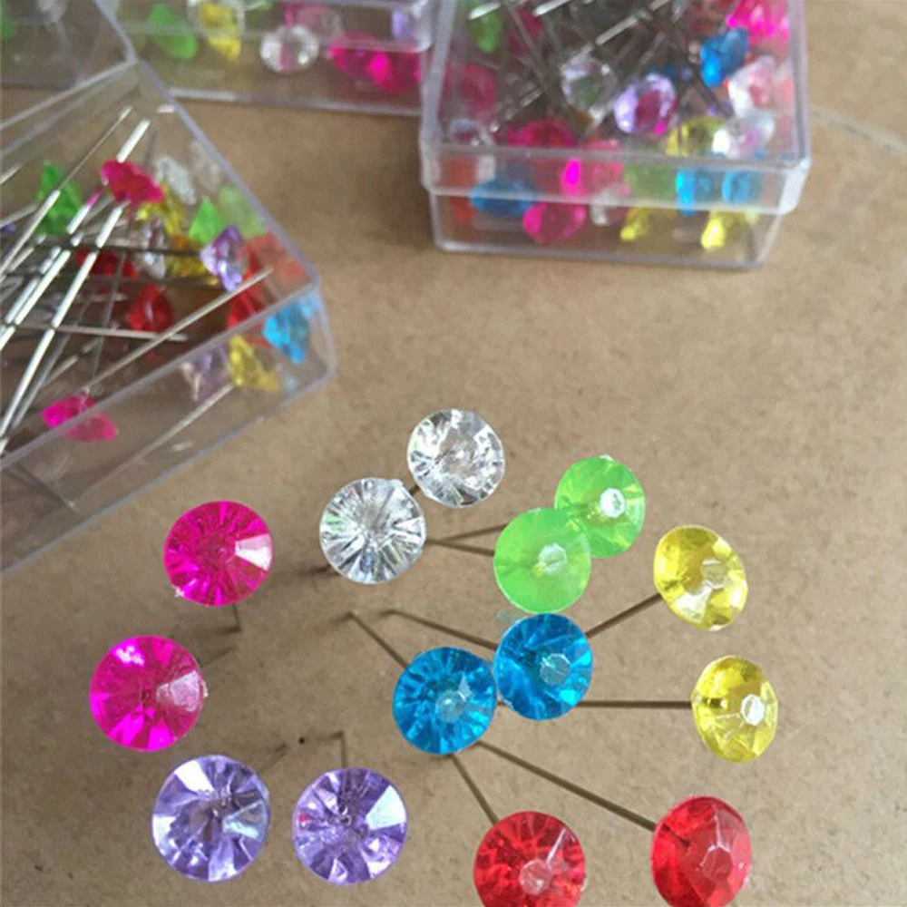 Coloful Sparkle Diamond Head Pushpin Transparent Map Flower Pin Cork Board Sewing T Pins for Fabric Clothing DIY Sewing Crafts