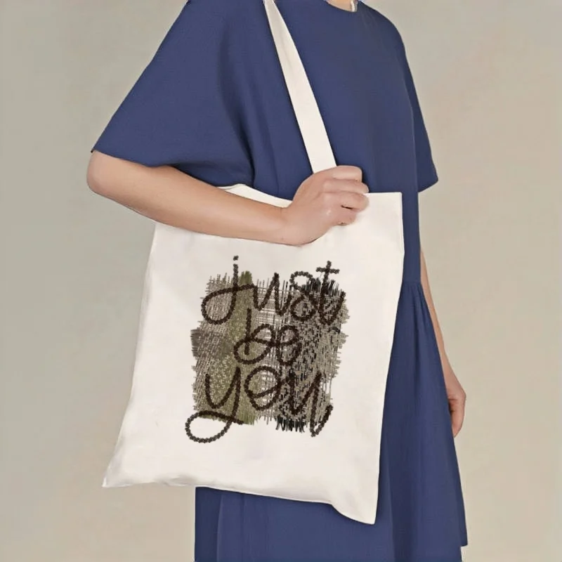

1pc "Just Be You" Inspirational Quote Print Canvas Tote Bag, Double-sided Shoulder Handbag