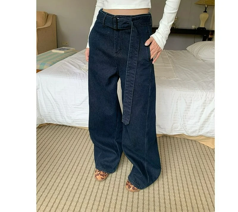 Dunkelblaue Gürteljeans für Damen, 2025, Frühling, Vintage-Design, lockere, gerade Hose mit weitem Bein