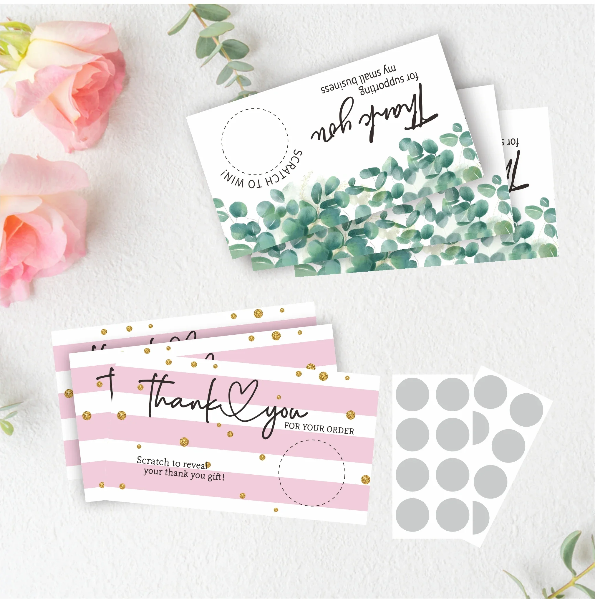 100 Pack Scratch Off Thank You Cards for Small Business, 2 Assorted Designs Eucalyptus & Pink Stripe Scratch To Win Reward Insert Cards with Blank Silver Scratch Stickers for Etsy Boutique Package Inserts
