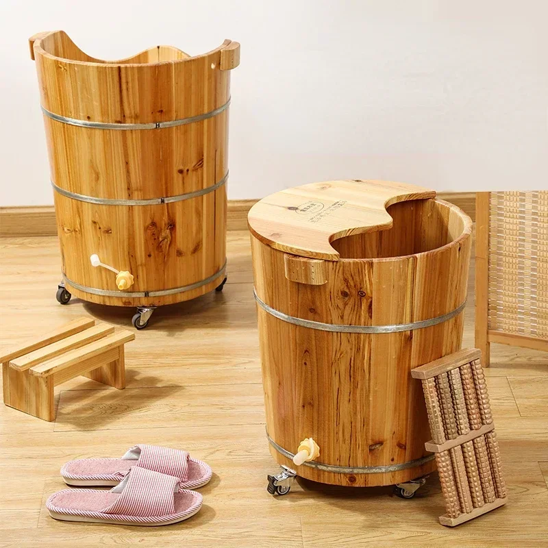 Solid Wood Foot Wash Basin Insulated ThroughCalf Bucket EcoFriendly Spa Experience Foot Bath with Wheel Heated Foot Tub Hot Sale