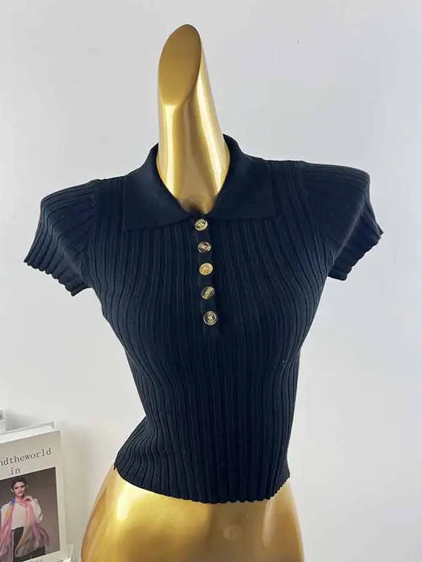 Slim Fit Short Sleeve Knitted Shirt Women's Summer New Style Soft Skin-friendly Short Length Versatile Top Trendy Button Detail
