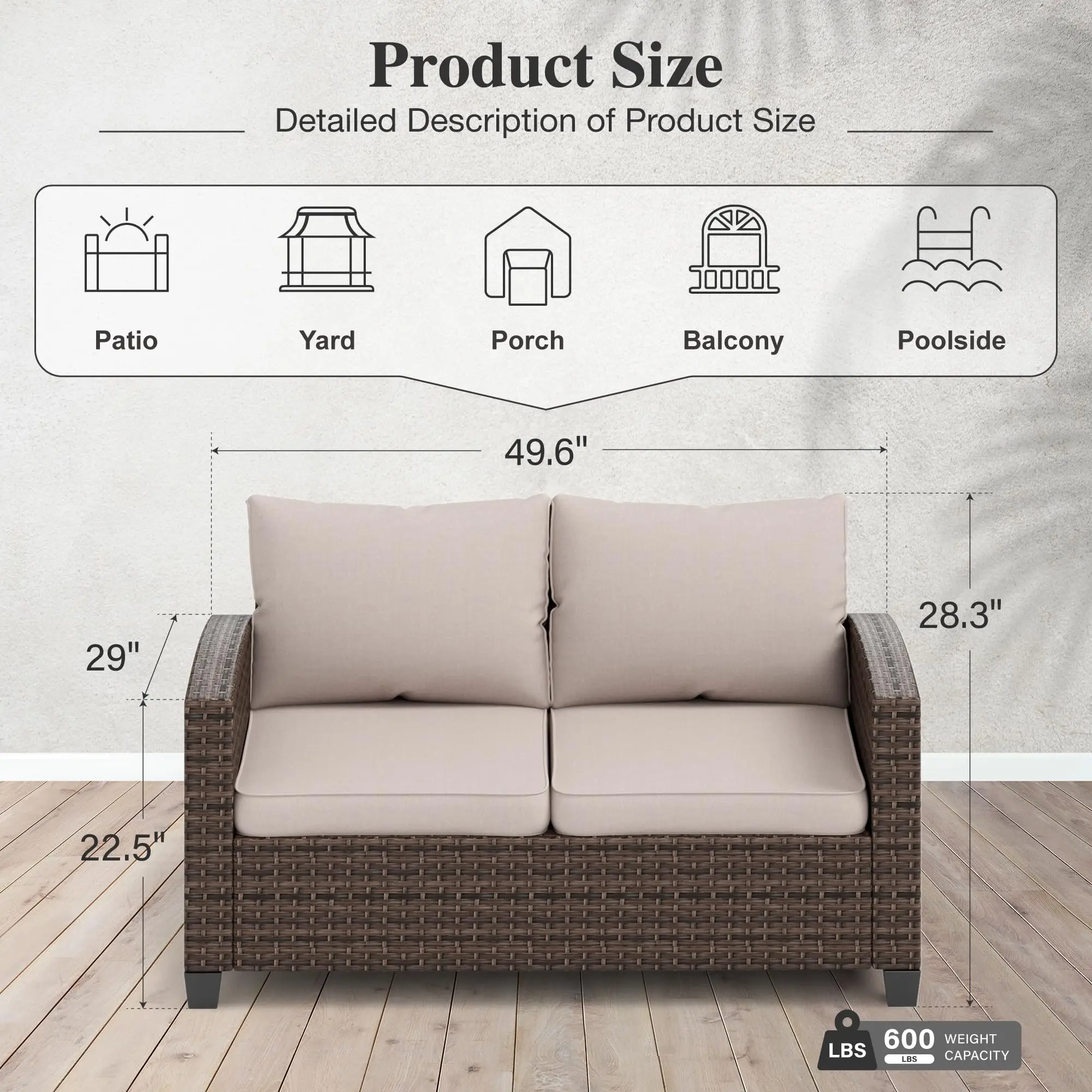 Outdoor Loveseat Patio Sofa, 2-Seat Wicker Couch with Waterproof Thick Cushions, Deep Seating Furniture for Garden