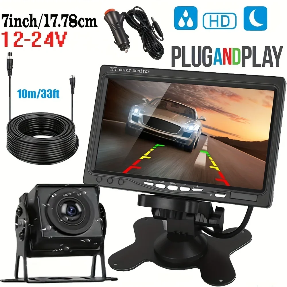 

Vehicle Truck Parking Assistance System, 7" Car LCD Monitor IR Night Vision Waterproof Backup Camera+33ft 4-Pin Video Cable