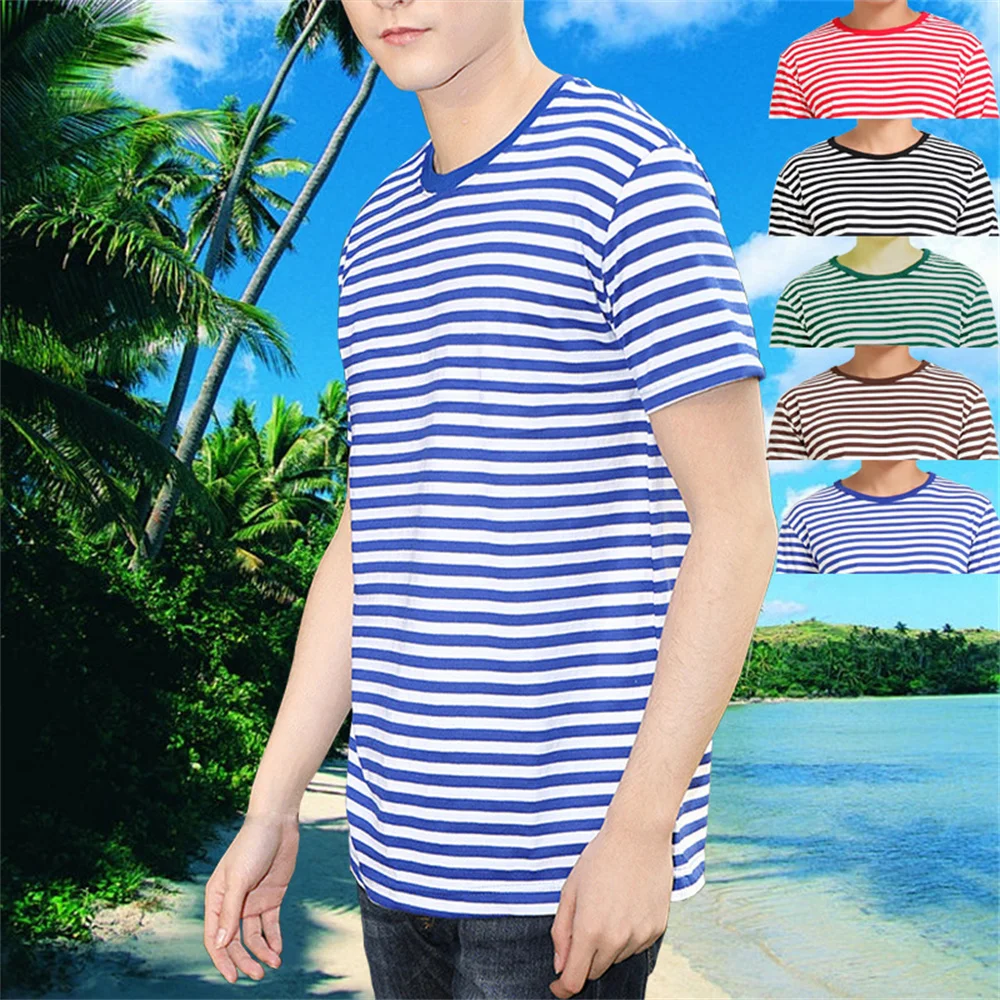 Sailor\'s striped short sleeve Tshirt loose round collar red stripe black stripe green stripe navy shirt class clothing wholesale