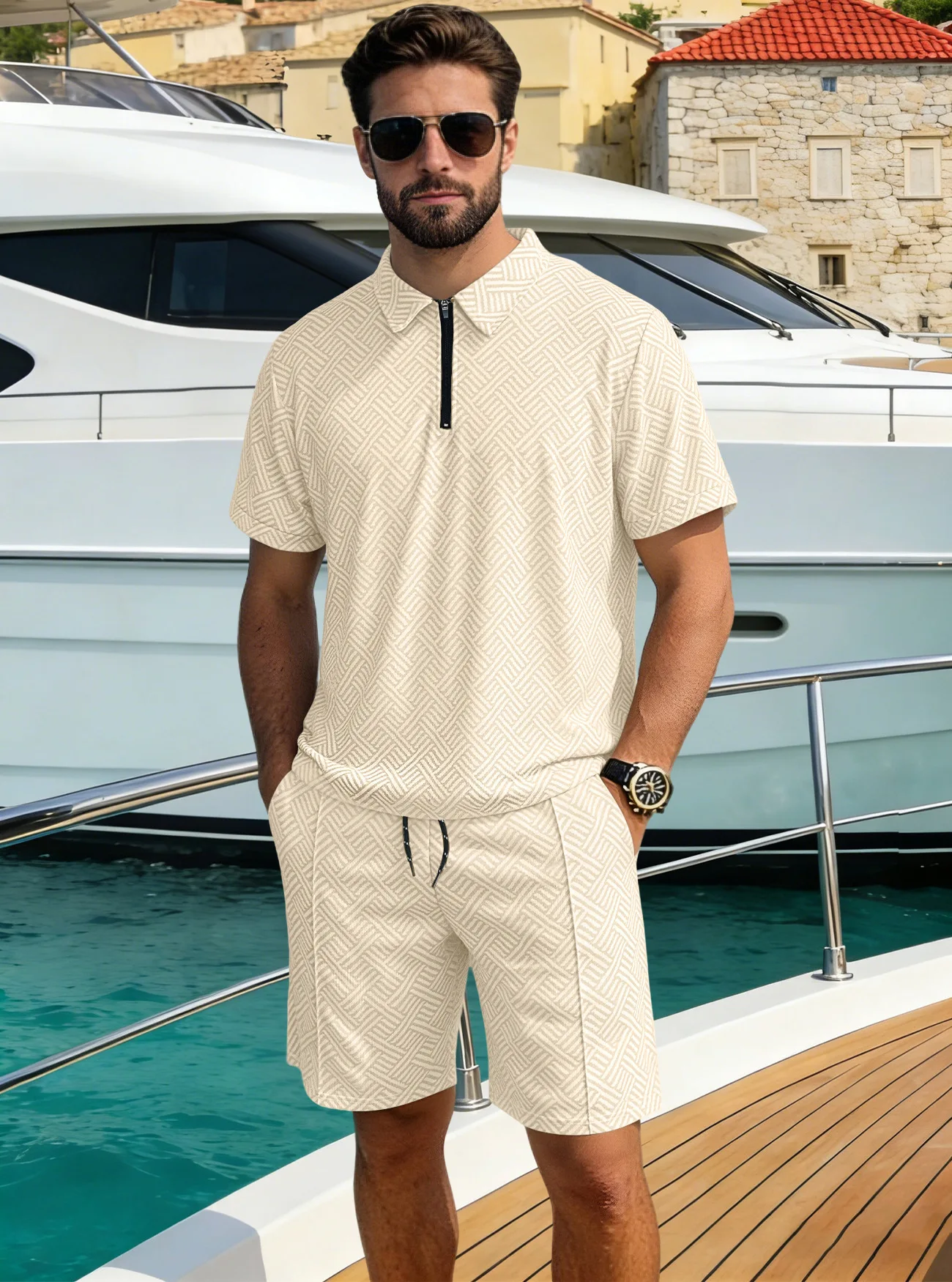 

New summer men's soft, breathable, smooth, flexible and slim-fitting half-zip front casual polo shirt set for vacation and leisu