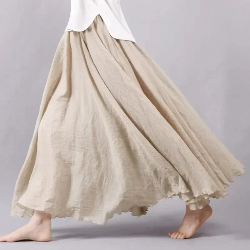 Women's Elegant High Waist Linen Maxi Skirt 2024 Summer Ladies Casual Elastic Waist 2 Layers Skirts saia feminina