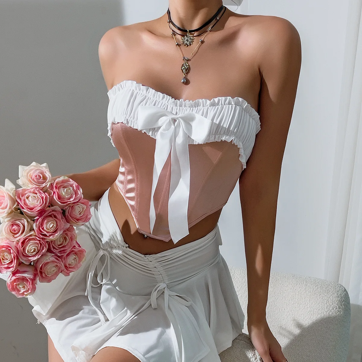 ISAROSE Casual Summer Corset for Women Strapless Solid Color Satin Stretch Backless Ruched Bustier Party Club Crop Tops with Bow