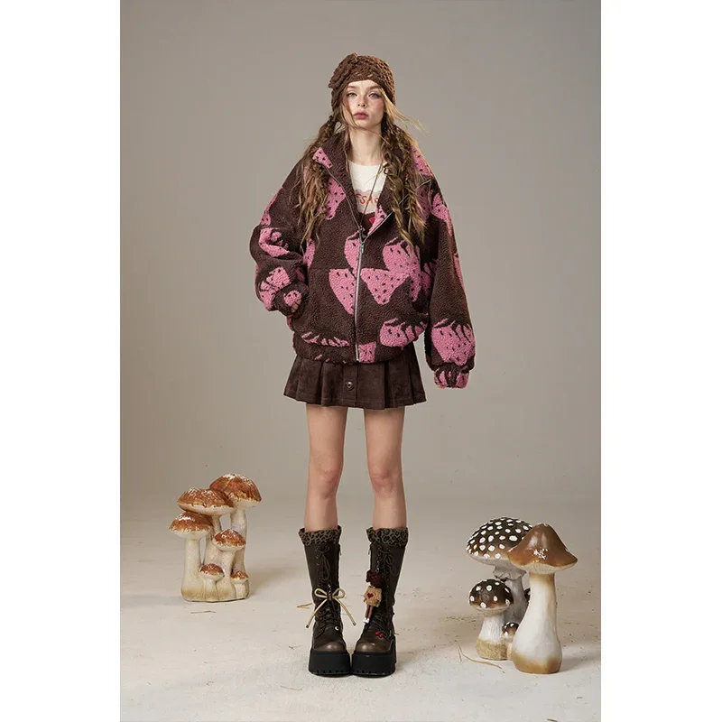 ELFSACK Casual Cute Strawberry Print Hooded Zip Up Wool Blend Coat For Woman