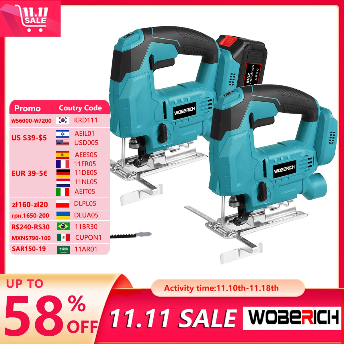 WOBERICH Cordless Jigsaw Electric Jig Saw Portable Multi-Function Woodworking Power Tool Adjustable Woodworking for Makita 18V