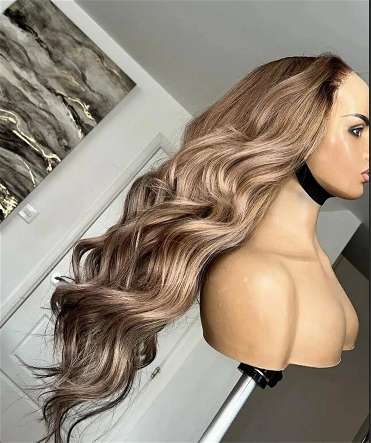 Milk Coffee brown Synthetic Lace Frontal Wigs 13*4 Free Part Loose Wave Balayage Long Realistic Look High Density Glueless Hair
