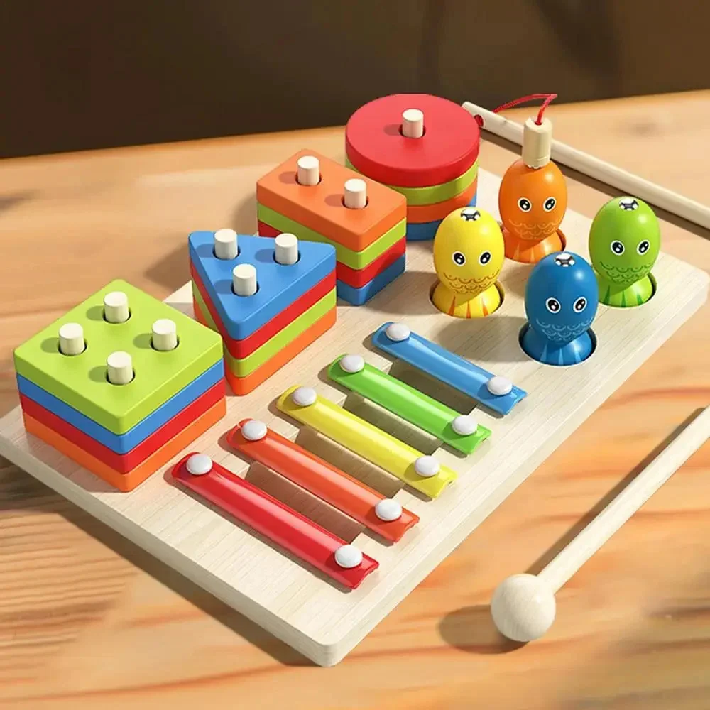Montessori 3 in1 Wooden Toys Shape & Stacking Fishing Games Musical Instruments Puzzle Toys for Boys Girls Birthday Xmas Gift