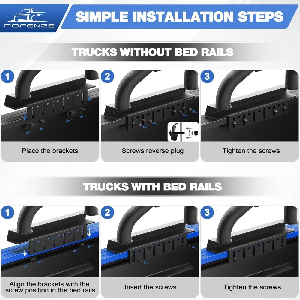 풀 사이즈 트럭용 롤 바, 조절 가능한 체이스 랙 스포츠 바 (포드 F150, 램, 쉐보레 실버라도, 토요타 호환)