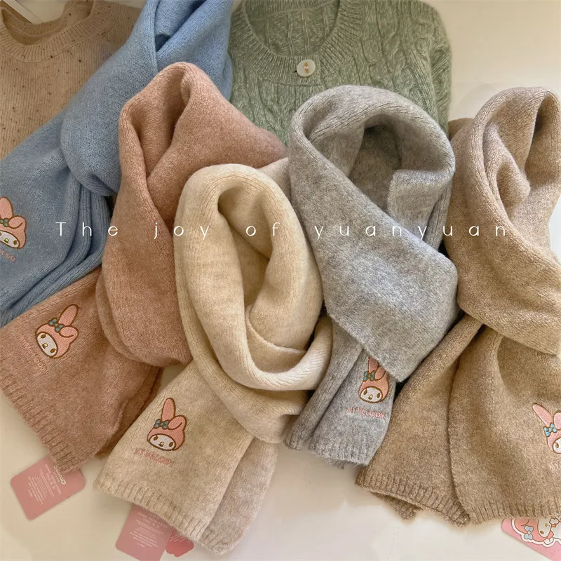 

Kawaii Sanrio My Melody Hello Kitty Knitted Knitted Wool Scarf for Women Winter Thickened and Warm with Wool Neck Girl's Gifts
