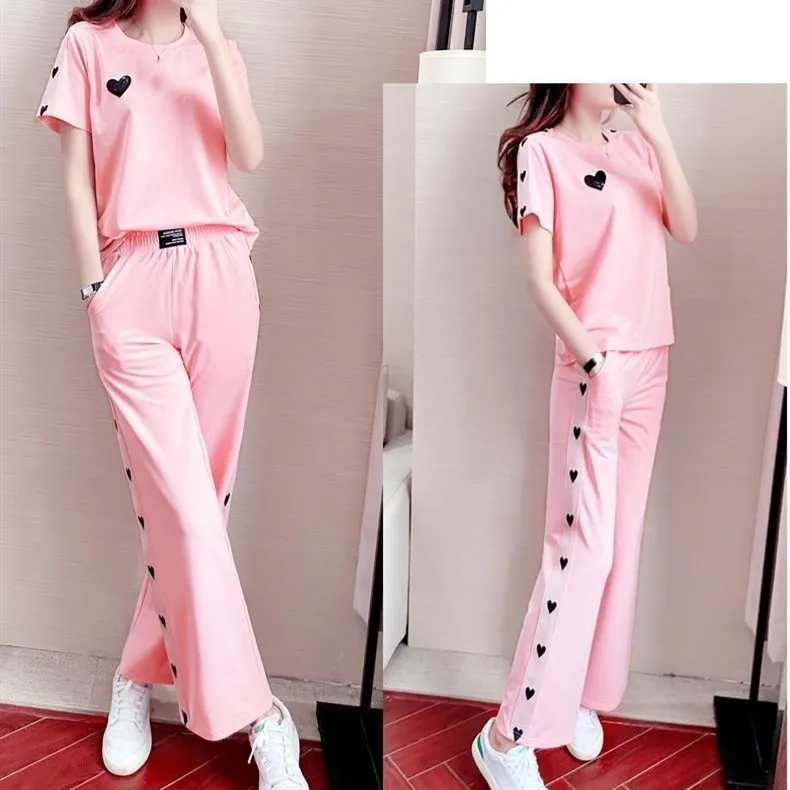 2022 Summer New Plus Size Leisure Sports Women\'s Suit Pink Love T-shirt Loose Wide Leg Pants Two-piece Set Female Tracksuit