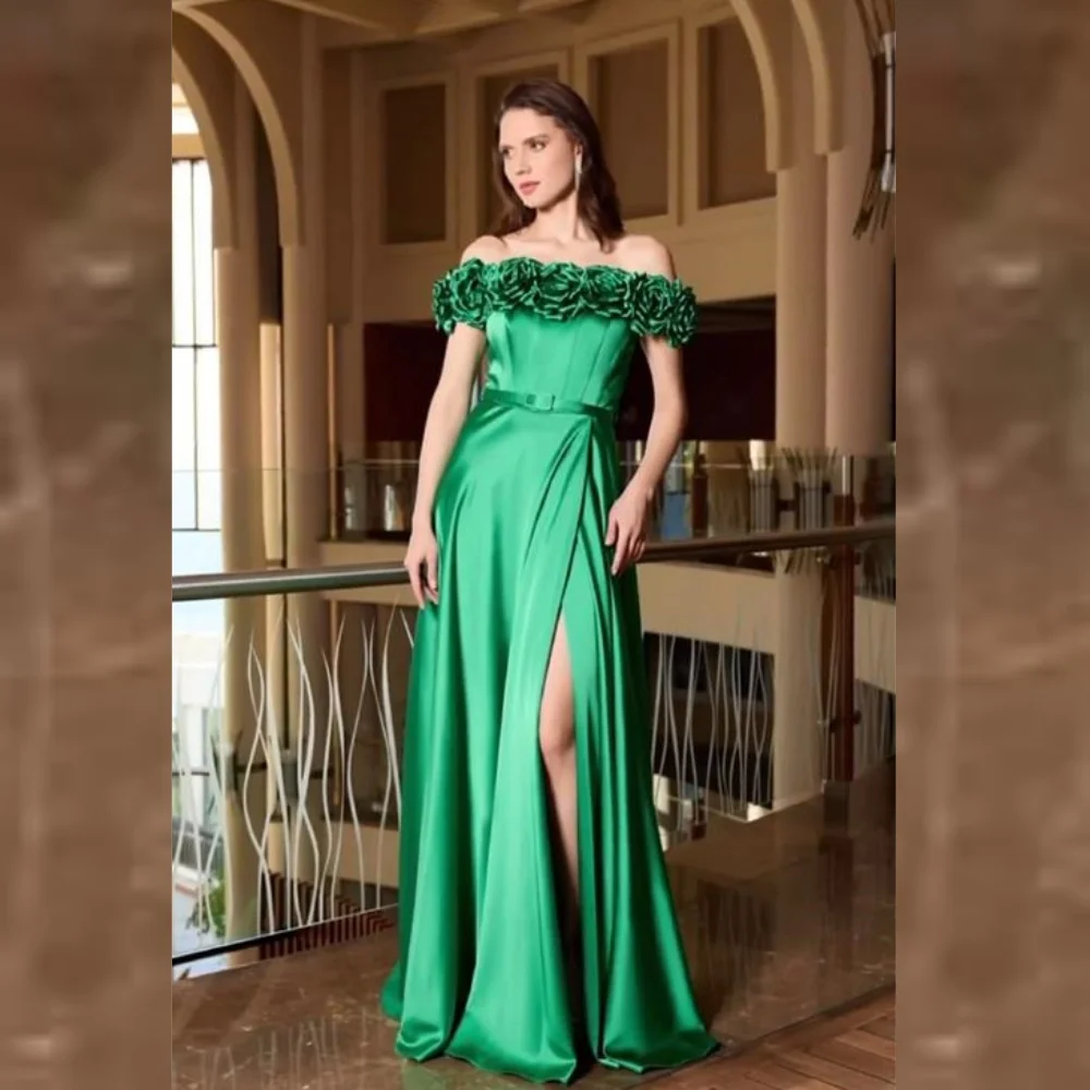 Jiayigong  Satin Flower Sash Ruched Clubbing A-line Off-the-shoulder Bespoke Occasion Gown Long Dresses Saudi Arabia Evening