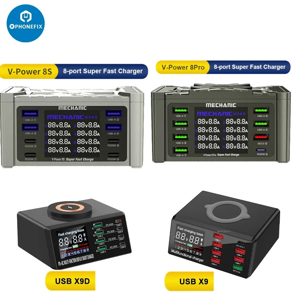Caricatore super veloce MECCANICO V-Power 8S con porta di ricarica USB PD QC3.0 155W per iPad IPhone Telefoni Android Tablet Orologi intelligenti