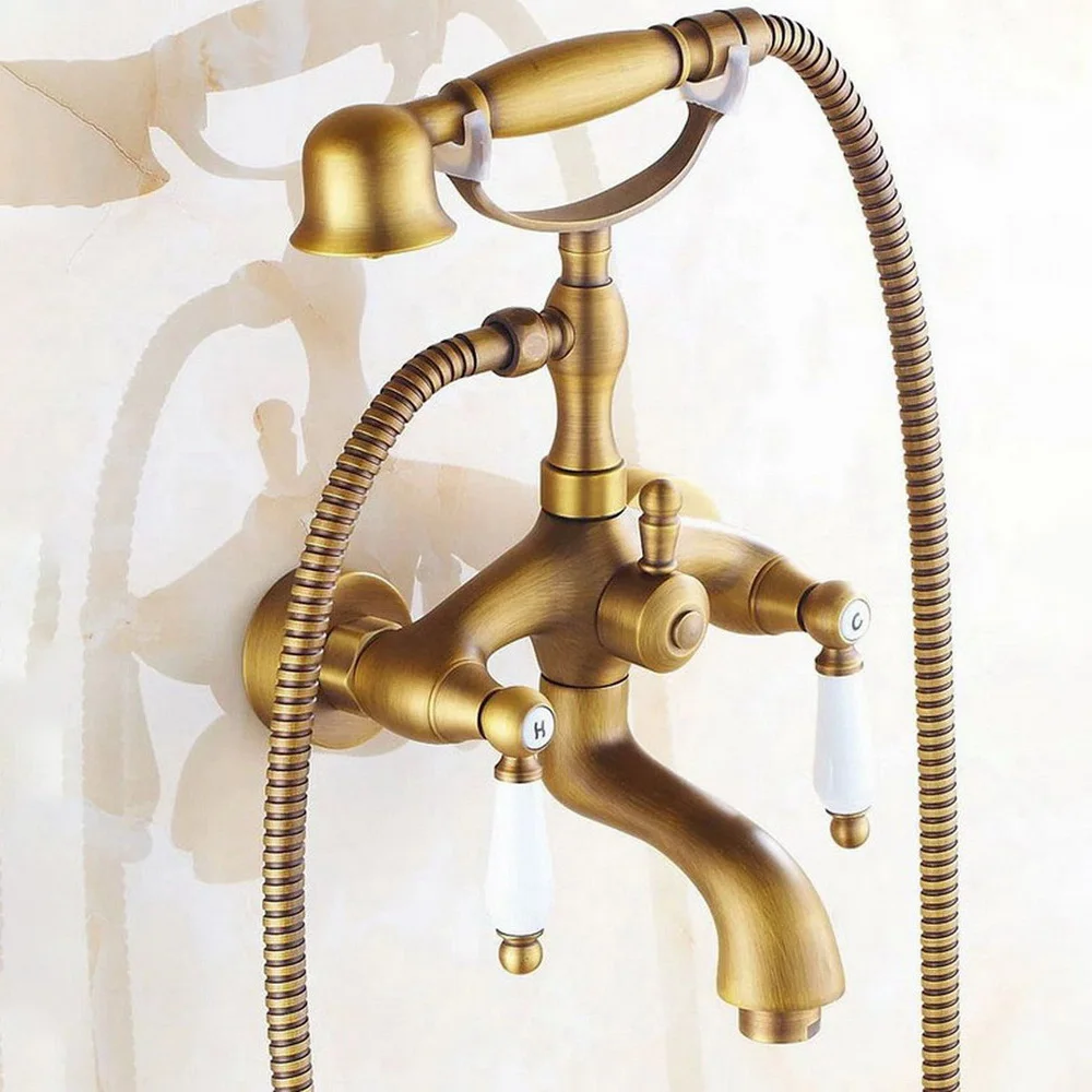 

Bathroom Wall Mounted Faucet Classic Antique Brass Telephone Style Handheld Shower Head Dual Handles Bath Tub Mixer Tap ttf315