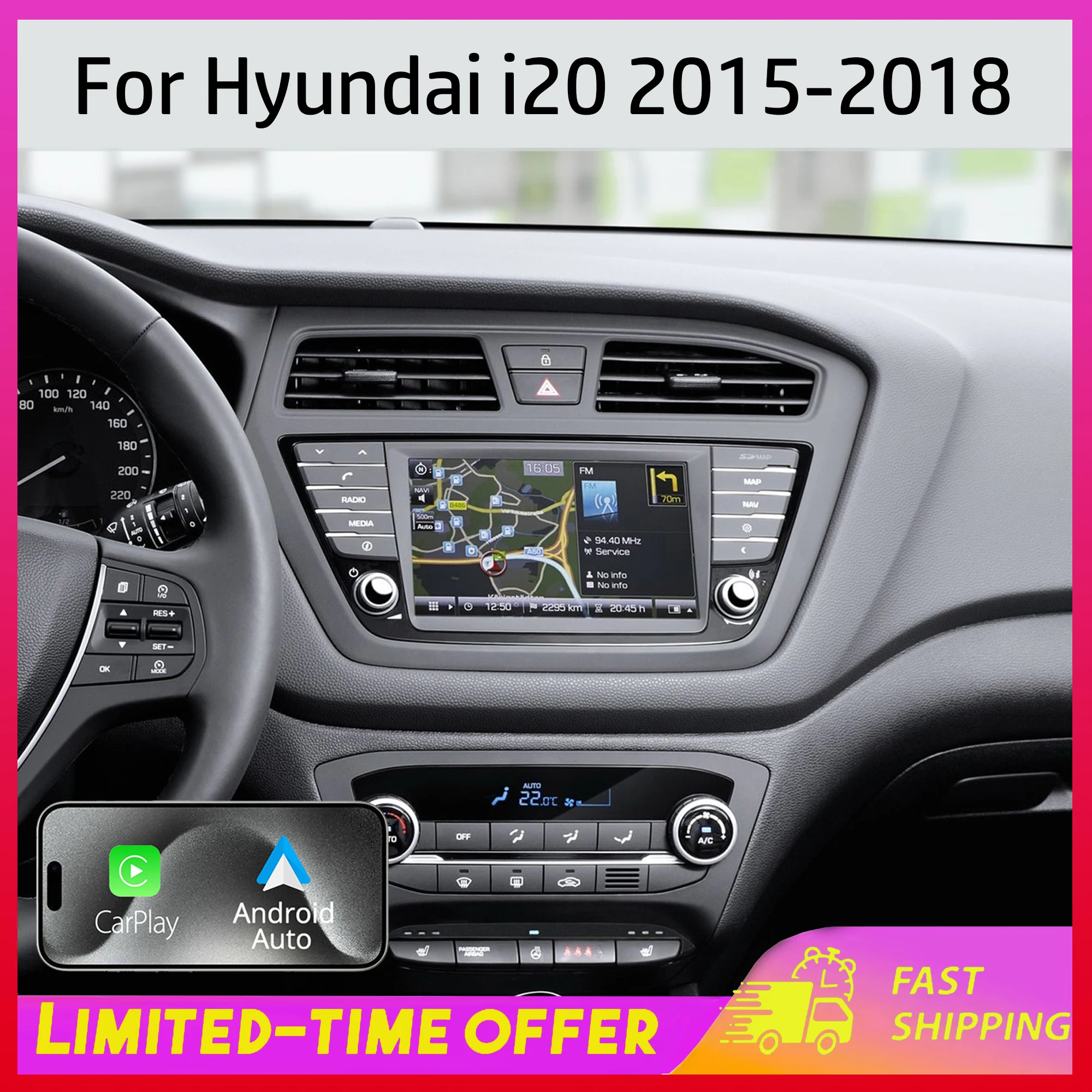 9-Zoll-Autoradio mit Carplay und Android Auto, 4+64G GPS-Navigation für Hyundai I20 2015-2018, Android 14 Autoaudiosystem