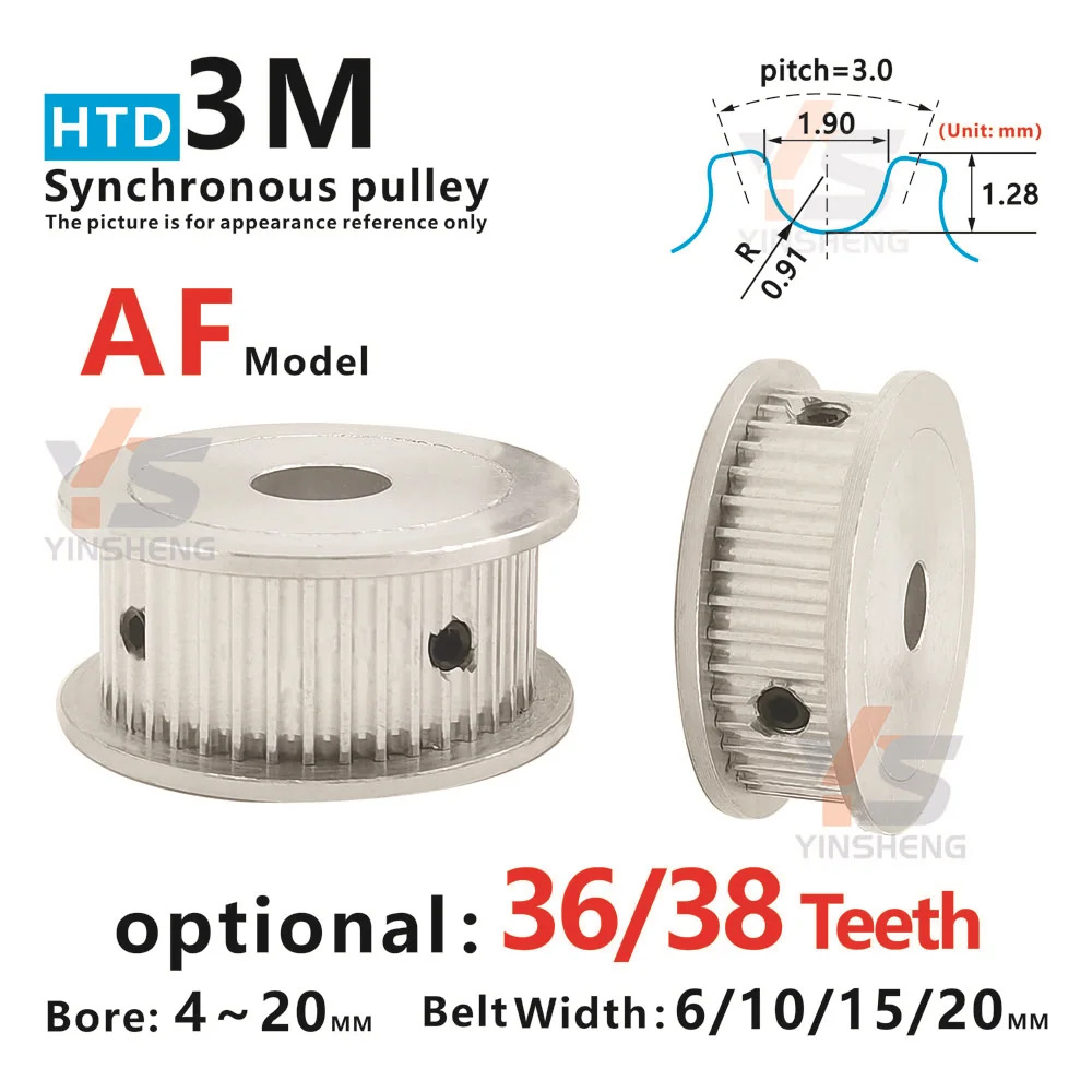 HTD 3M 36T 38 Tooth CNC machine Synchronous Belt Pulley Tooth width 7 11 16 21 MM Bore 4-20 MM Keyway 3 4 5 6 DIY 3D parts Alloy