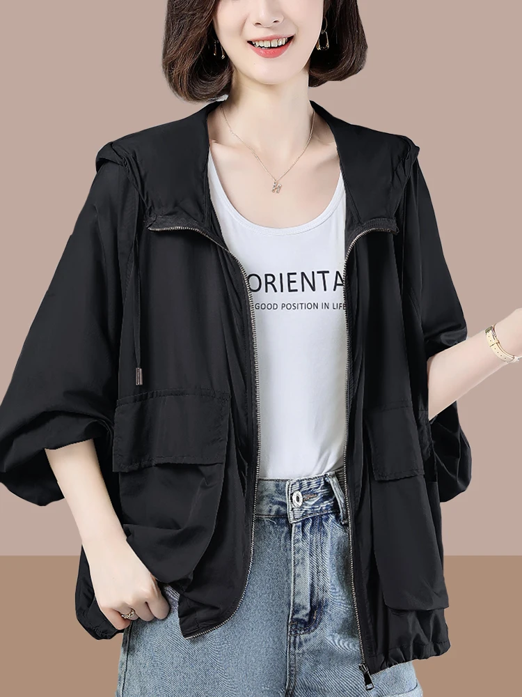 Women's Loose Long Sleeve Sun Protection Jacket Lightweight Outdoor Breathable Summer Fashionable Zipper Closure Casual Top