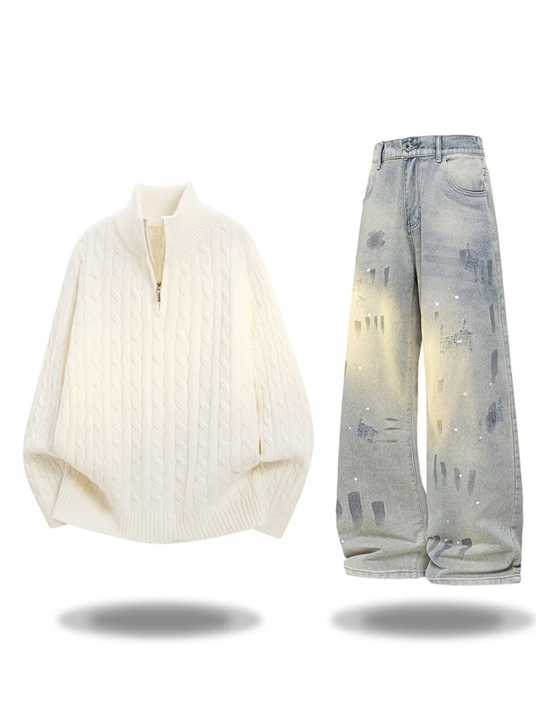 

Мужской твидовый свитер American Sle Cleanfit и свободные прямые джинсы: весенний повседневный комплект из двух предметов для подростков, с длинным рукавом